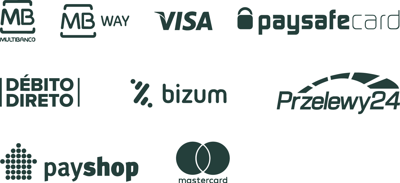Multibanco, Mb Way, VISA, PaysafeCard, D�bito Direto, Bizum, Przelewy24, PayShop, MasterCard